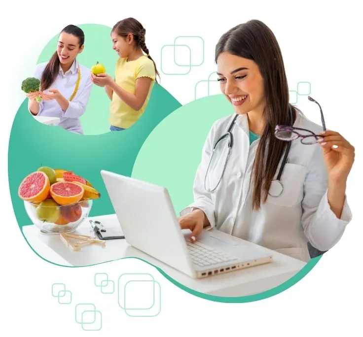 Nutricionista escolar em frente ao computador usando o sistema Nutale